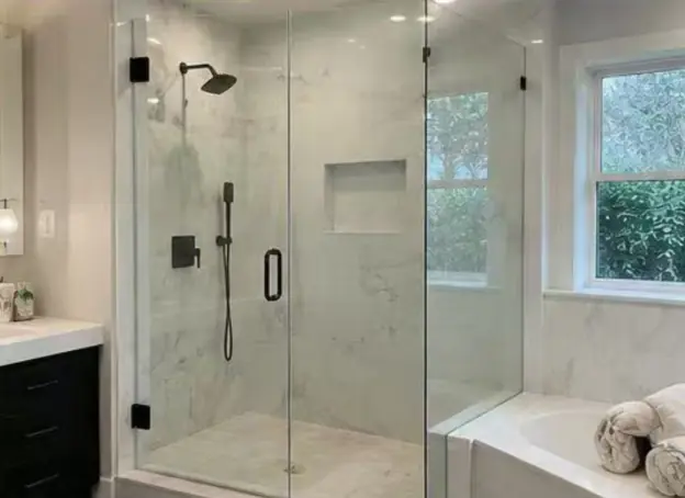Completed frameless shower door installation in Bellevue, Washington