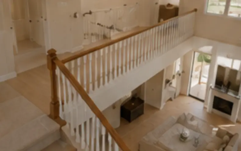 Existing wood staircase railing before replacement