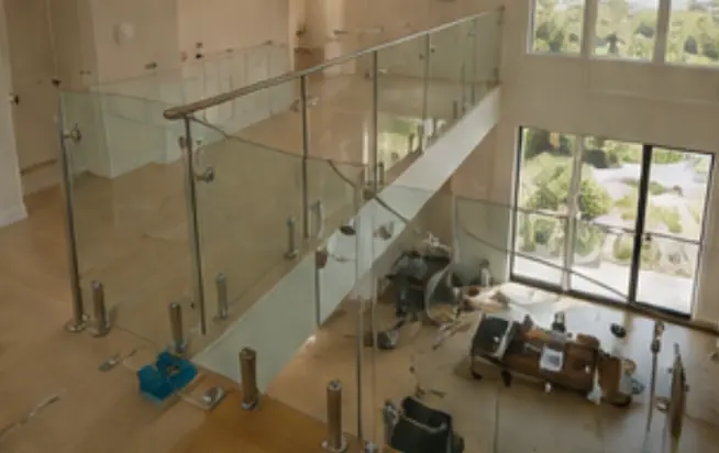 Staircase railing during glass installation