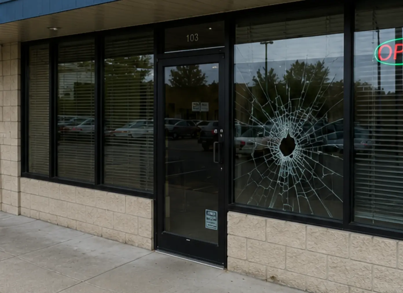 Damaged storefront glass before replacement in Bothell, Washington
